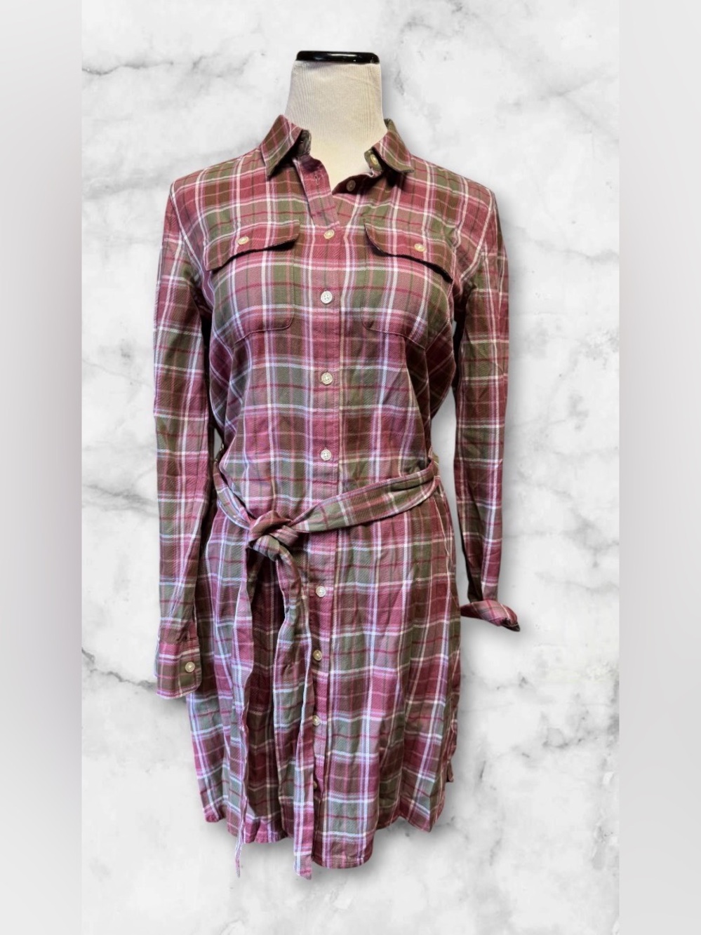 NWT Lauren Ralph Lauren Mauve Checked Plaid Tie-Front Cotton Shirtdress SZ 4